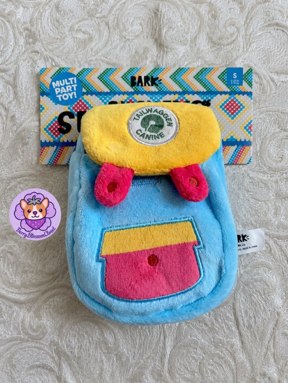 BARK Tailwaggin’ Canine Multi-Part Dog Toy Size Small – Backpack Plush Toy